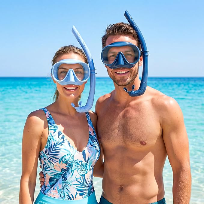 Snorkeling Gear for Adults, Snorkel Set Adult, Scuba Diving Mask, Panoramic View Anti-Leak Anti-Fog Dive Swimming Goggles Tempered Glass Panoramic Wide View Travel Portable Foldable