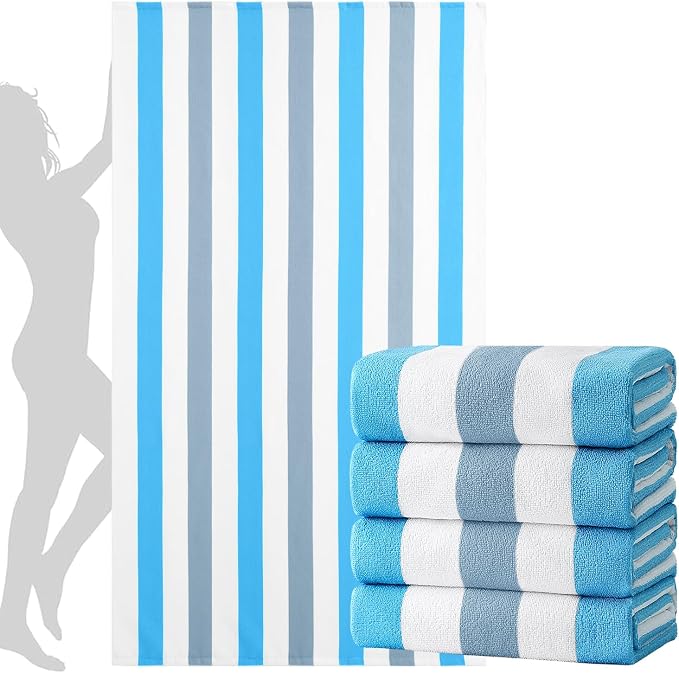 Jessy Home 4 Pack Striped Oversized Beach Towel Set, 40x70 Inch Microfiber Sandproof Quick Dry Super Soft Swim Towels, Absorbent Stylish Pool Towels, Swim Cover Up for Beach Vacation Travel