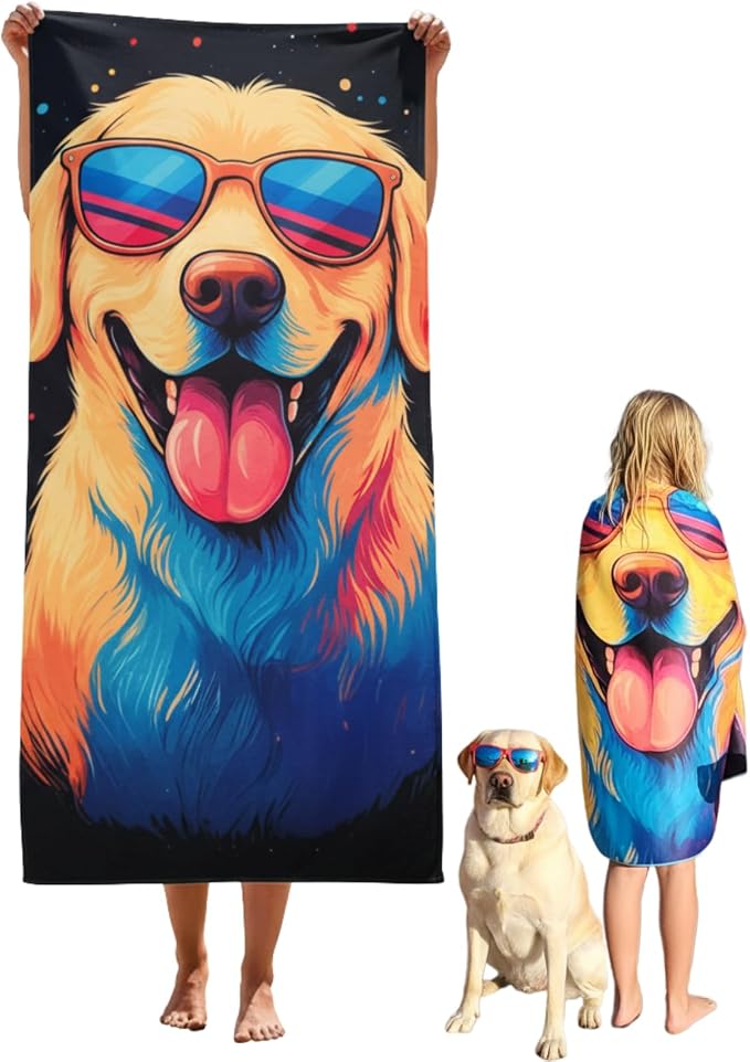 Microfiber Funny Yellow Lab in Sunglasses Colorful Beach Towel for Women, Girls, Kids, Boys, Men, Plush Beach Towel, Absorbent Pool Towel Super Soft, Oversized 31x62 Inches