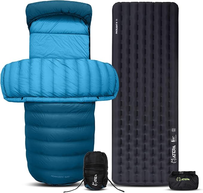 ATEPA Backpacking Sleeping System, 3-Season Ultralight 6.6 R-Value Insulated Inflatable Sleeping Pad & 700FP Down Sleeping Bag for Camping Hiking Car Camping, Blue & Black