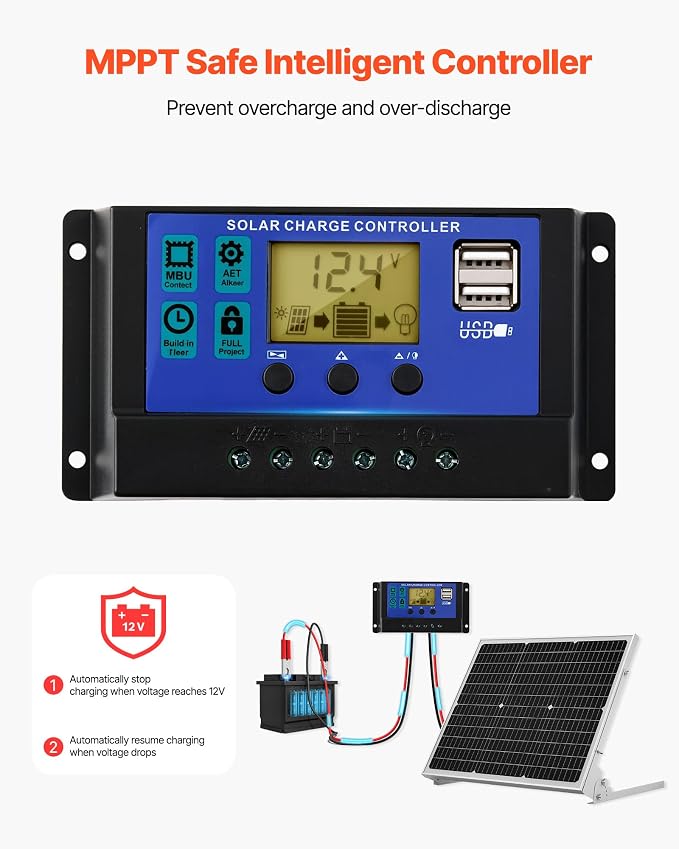 VEVOR 50W 12V Solar Battery Trickle Charger Maintainer, Mono Solar Panel Battery Charger with Upgraded MPPT Controller & Adjustable Mount Bracket, IP65 Waterproof for Car Boat RV Trailer House Roof