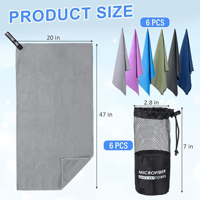 Mindsoft 6 Pack Large Microfiber Gym Towels, 47" x 20" Quick Dry Sweat Towels Super Absorbent Soft Fast Drying Towel Lightweight Towel for Workout, Camping, Backpacking, Beach, Swimming(Fashionable)