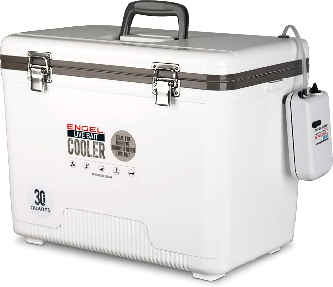 Engel Live Bait Cooler Box with 2nd Gen 2-Speed Aerator Pump - Portable Fishing Station & Minnow Bucket for Shrimp & Other Live Fish with Aerator - ENGLBC-N