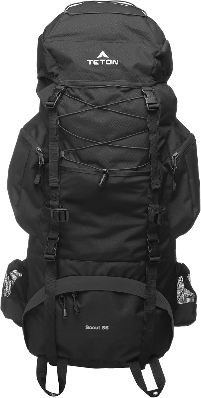 Teton 65L Scout Internal Frame Backpack for Hiking, Camping, Backpacking, Travel, Rain Cover Included, Black