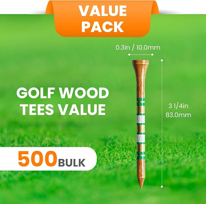 Golf Tees Wood 3 1/4 2 3/4 Inch Value 500/1000 Pack with Bright Colors & Consistent Height, High Visibility with Gold Stripes for Course Practice