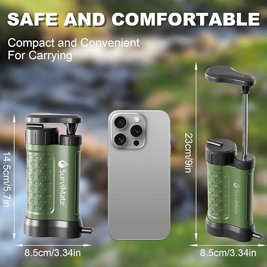 SurviMate Water Purifier Survival Pump，0.01 Micron 5-Stage Water Purifier System，Hand Pump Water Filter Portable Outdoor Emergency，Camping, Hiking, Backpacking
