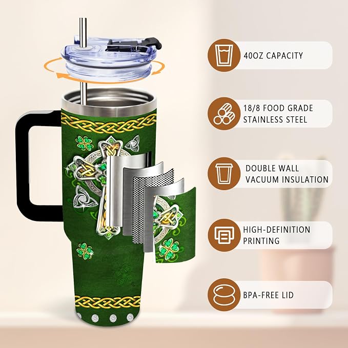 DUUV St Patricks Day Tumbler 40oz, Insulated St Patricks Gift for Women | In My Veins Irish Rebels Cup Gifts for Men Women Husband Dad Leakproof, Four Leaf Clover Design Gift Mug, 1 Pack