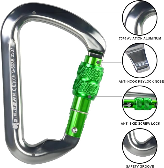 SEPEAK UIAA 30kN Locking Climbing Carabiner, Professional Heavy Duty Screwgate Clip for Outdoor Climbing, Mountaineering, Rappelling, Camping, Hiking, Swing,Large D Carabiner Hook/6744lb