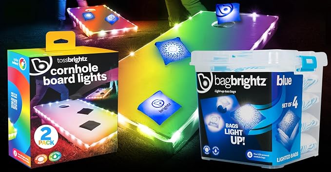 Brightz Cornhole Board Edge Lights with LED Bags - Includes 4-Pack of LED Cornhole Bags + TossBrightz Cornhole Board Edge Lights - The Ultimate Night Time Cornhole Master Set