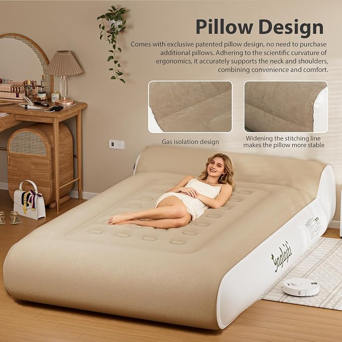 16" Queen Air Mattress Full with Built in Pump for Camping,Portable Blow up Mattress with Carry Bag,High-Speed Pump,Luxury Inflatable Mattress Comfort Flocked Airbed for Guest,Home(Khaki)