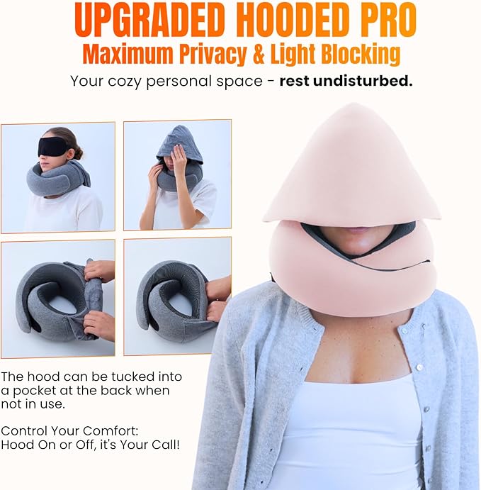 LOEXAIR™ Hooded Pro Travel Pillow - Memory Foam Neck Support Pillow for Airplane, Flight - Super-Soft Pure Cotton Fabric, Maximum Privacy & Light-Block Design, Lightweight Full Travel Kit- Sakura Pink