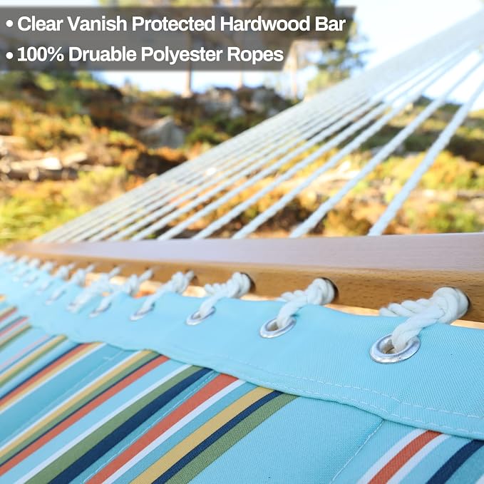CHULIM 12 FT Double Quilted Fabric Hammock with Spreader Bars and Pillow 450 LBS Weight Capacity 2 Person Hammock for Outdoor Patio Backyard Poolside Blue Stripes