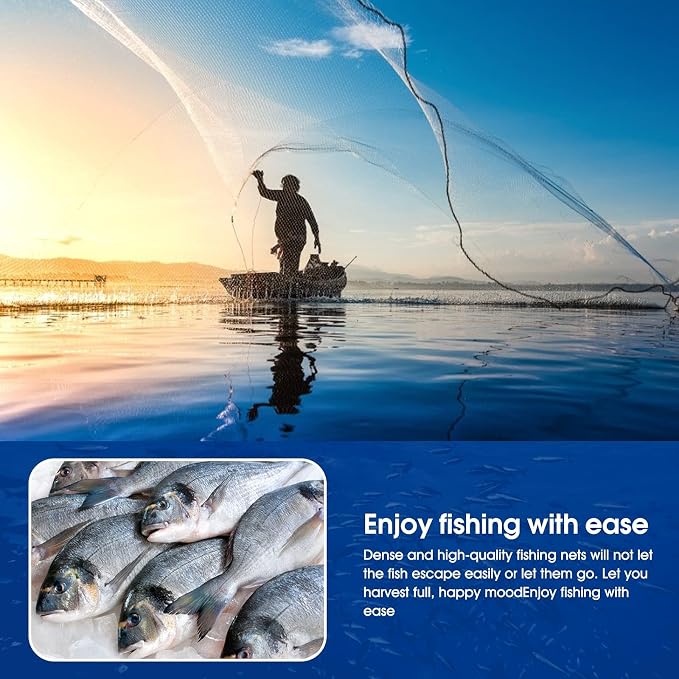 Nylon Monofilament Cast Net, 4FT/6FT/7FT/8FT/9FT/10FT/12FT American Style Hand Throwing Fishing Net with Iron Chain Weights for Saltwater and Freshwater