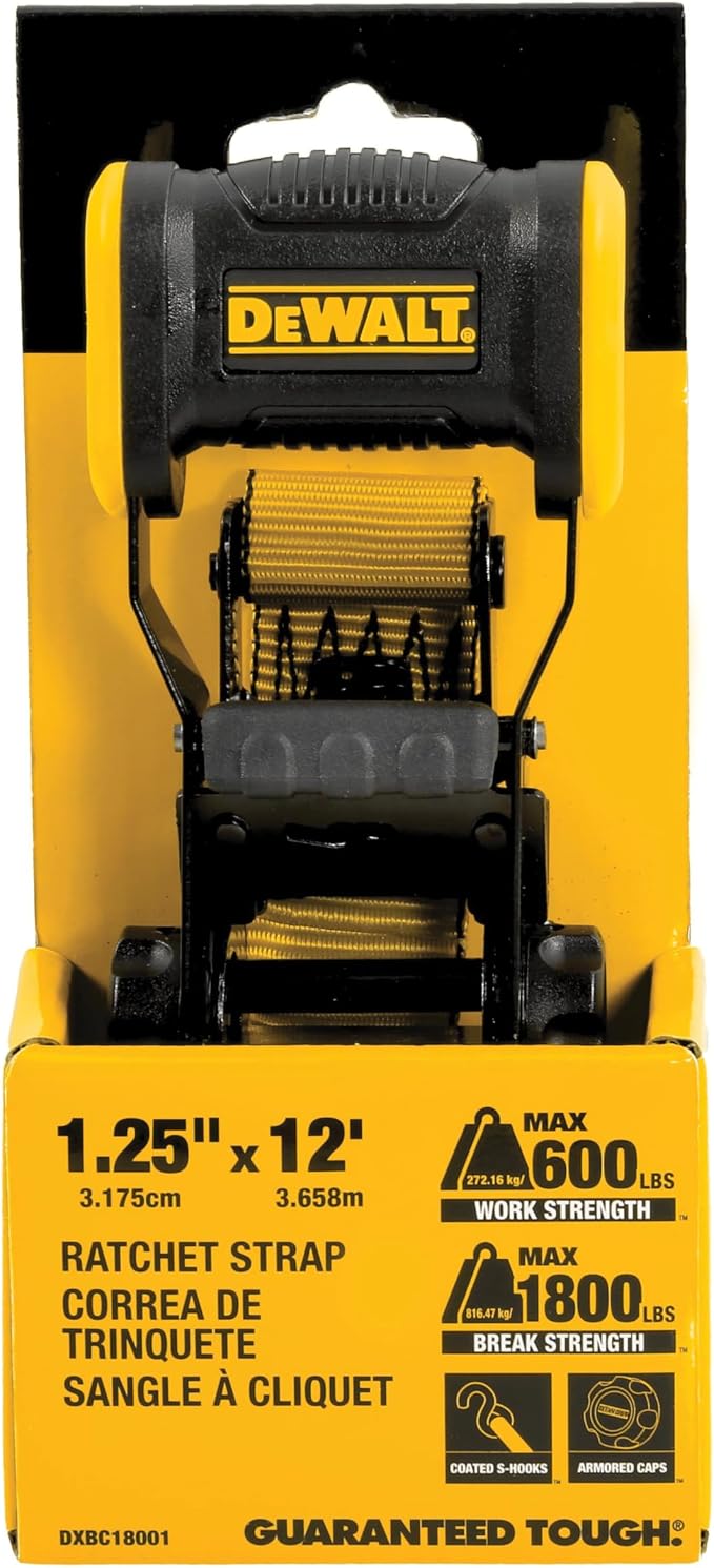 DEWALT DXBC18001 Black/Yellow 1.25" x 12' Ratchet Tie Down Strap - Light-Weight Cargo Hauling (1800 lb Break Strength)