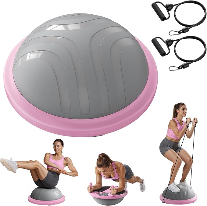 MERACH Balance Ball Trainer, 18 Inch Half Exercise Ball with Resistance Bands and Foot Pump, Half Yoga Ball for Core Strength Training, 450lb Capacity