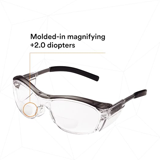 3M Safety Glasses with Readers, Nuvo Readers, +2.0 Diopter, Pack of 1, ANSI Z87, Clear Lens, Gray Frame, Soft Nose Bridge, Side Shields