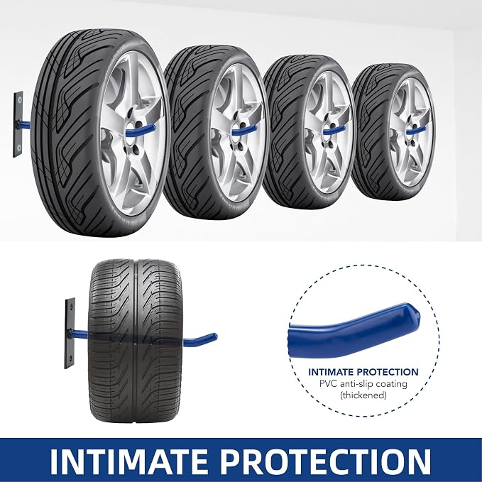 Sinoer 10-Inch Heavy Duty Steel Tire Rack Wall Mount (4-Pack) – Anti-Slip Garage Tires Hooks for Tire, Wheel, Ladder, Bike & Tool Storage – Garage Organization Hanger with Screws & Anchors,Blue