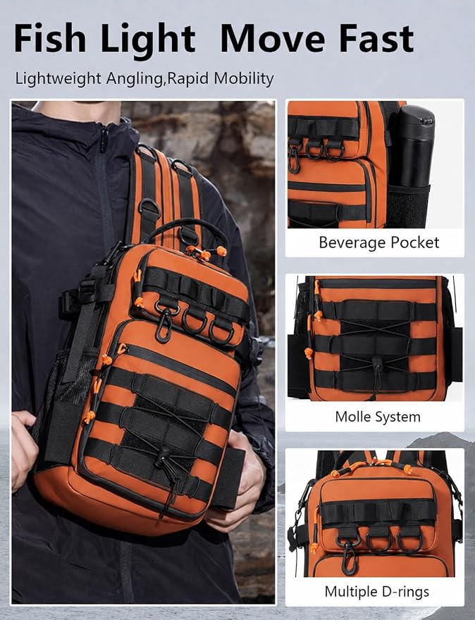 2 in 1 Compact Tactical Fishing Backpack with Tackle Boxes, Lightweight Waterproof Tackle Bag Fit 2 * 3600 Tackle Boxes, 2 Rod Holders Storage, Fishing Accessories Gift for Men Orange