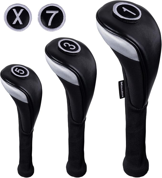 Andux 3pcs/Set PU Golf Wood Club Head Covers with Long Neck | for 460cc Driver Fairway Wood Club with Hook & Loop No. Tags Coloured Piping Pull-On Closure