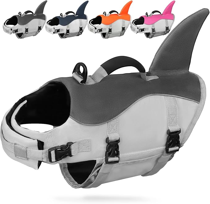 AMZNOVA Shark Dog Life Jacket + Rip Stop Dog Life Jacket, Durable Handle Reflective Buoyance
