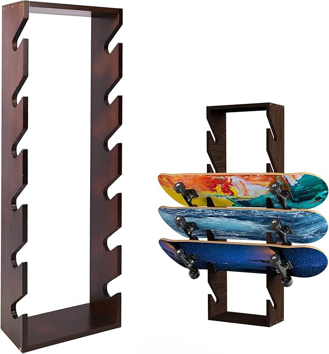 Skateboard Rack Wall Mount 6-Tier Wooden Skateboard Storage Rack Holder Skateboard Stand Display Organizer Skateboard Hanger for Longboard, Deck, Standard Skateboards