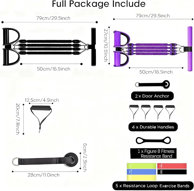 2-Pack Pedal Resistance Band, Exercise Bands with Handles, Elastic Sit up Pull Rope, Workout Bands for Physical Therapy, at Home Fitness, Strength Training Equipment with Abundant Accessories
