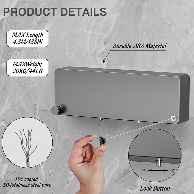 Retractable Clothesline Indoor, Non-Sagging Clothes line retracting Outdoor, Heavy Duty Wall Mounted Laundry Line Adjustable Stainless Steel for Laundryroom, Bathroom, 15.8 Feets Double Lines Grey