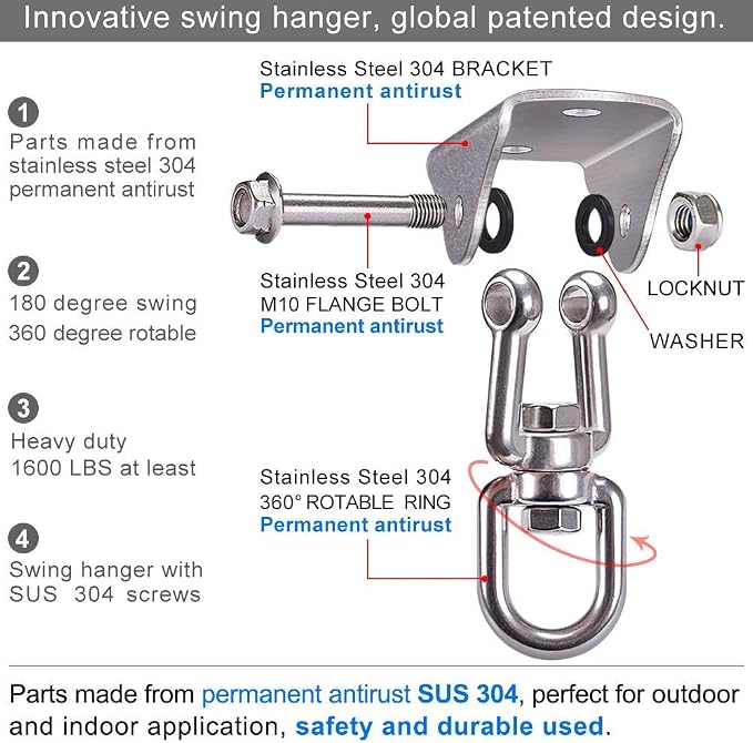 SELEWARE Stainless Steel Swing Hangers Heavy Duty Ceiling Swing Mounts Free Swivel Swing Hooks Swing Hardware Kits for Yoga Swing Hammock Chair Porch Swing Sets Heavy Bag 1000 LB Capacity Each 2 Pack