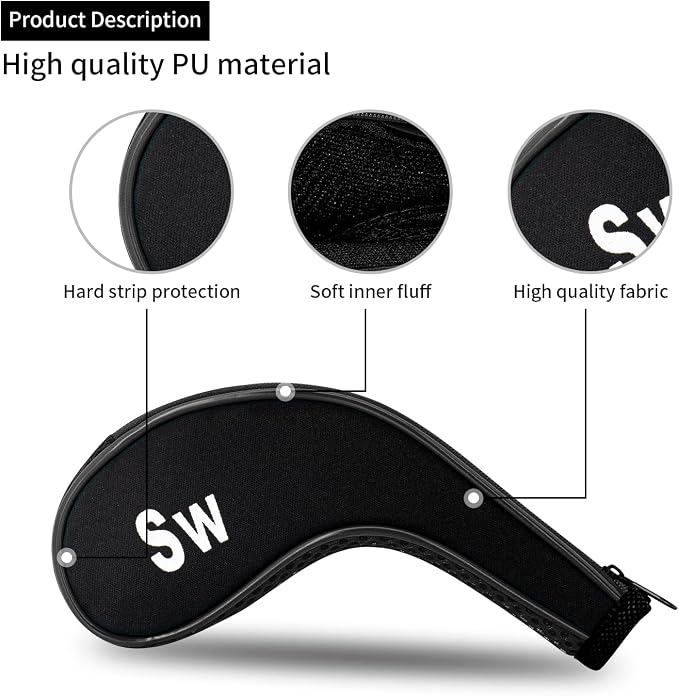 Golf Club 12pcs Thick Synthetic Zipper Long Neck Set Headcover Fit The Most Brands, Side Number Golf Iron Club Head Cover LW SW PW Covers #3,4,5,6,7,8,9