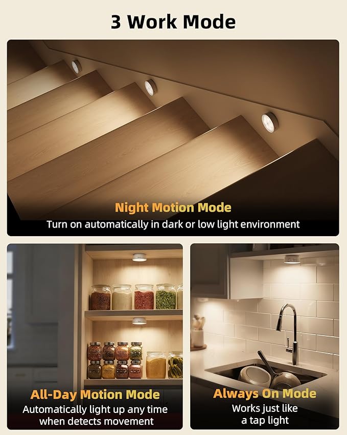 EZVALO 8 Pack Motion Sensor Closet Lights with Charging Station, 1200mAh Rechargeable LED Night Lights, Under Cabinet Lights, Puck Light, Dimmable, 3 Color Temps, Magnetic, Stick-On for Kitchen