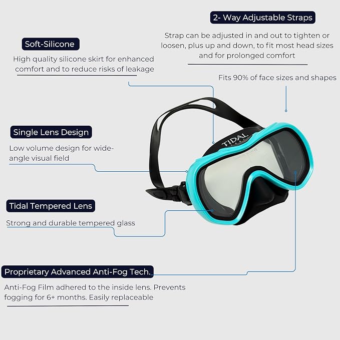 Tidal Mask-Advanced Anti Fog Diving Mask for Scuba Diving, Snorkeling, Free Diving&Swimming. Wide-Angle Tempered Glass Single Lens.