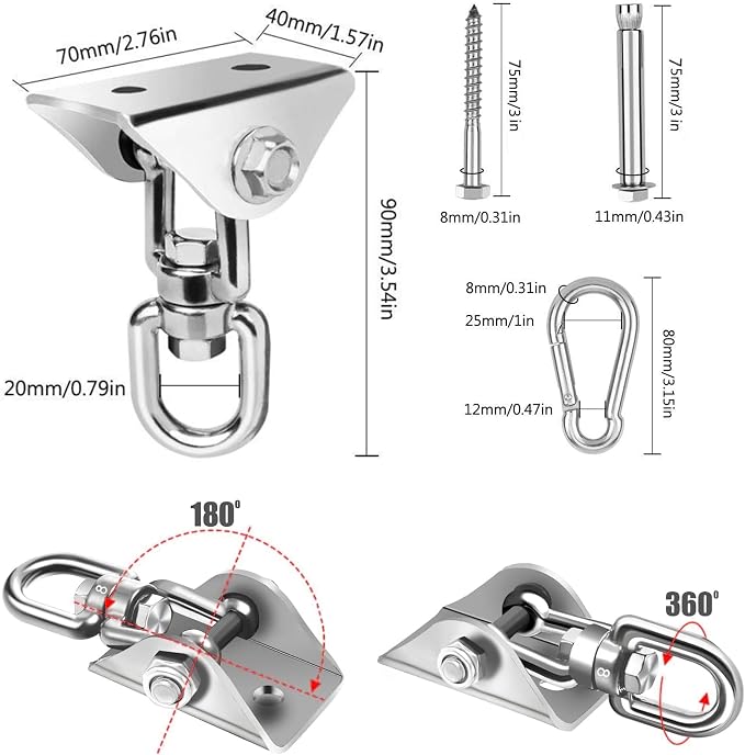 Swing Hanger for Wooden & Concrete Swing Set, 2000LB Capacity Hammock Hanger 360°Rotate Stainless Steel Swing Hammock Hanging Kit Hardware, Heavy Duty Swing Brackets for Porch Playground Yoga-2 Packs