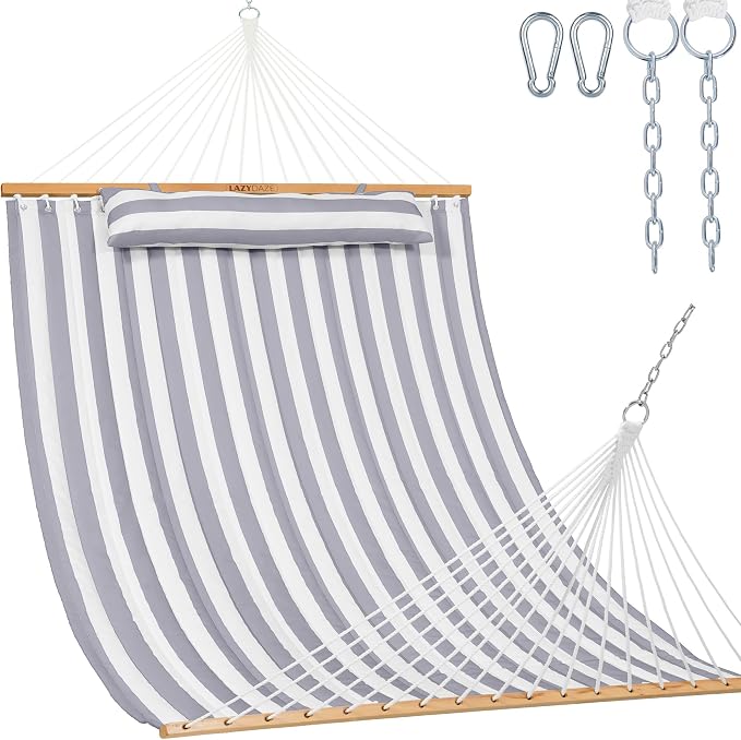 Lazy Daze Hammocks 12FT Quilted Fabric Double Hammock with Spreader Bars and Detachable Pillow, 2 Person, 450 lbs Capacity, Gray White