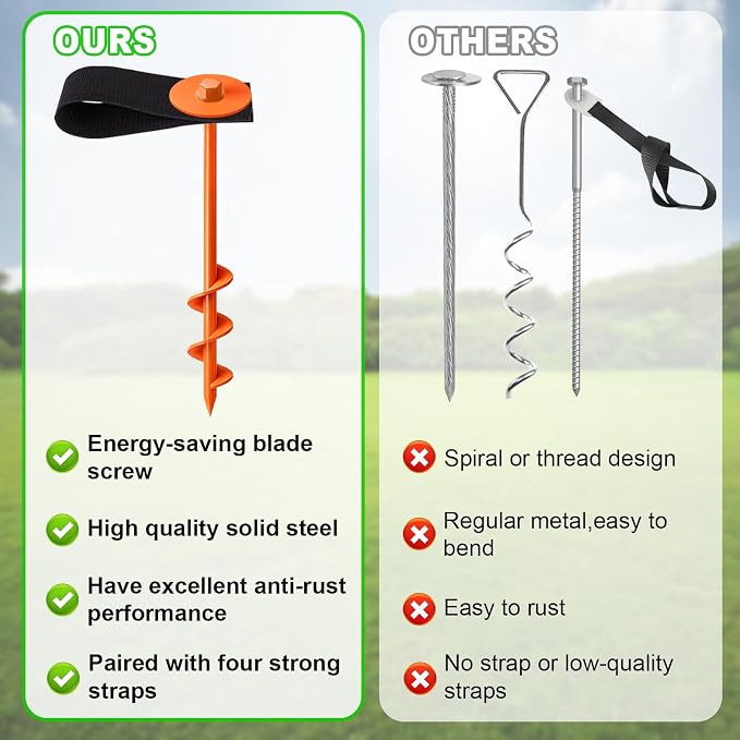 Eurmax USA 4 Pack Universal Ground Anchors High Wind, Heavy Duty Screw-in Trampoline Stakes with 4 Straps, Upgraded Commercial Anchor Kit for Outdoor Sheds, Swing Sets & Mobile Homes (Orange)