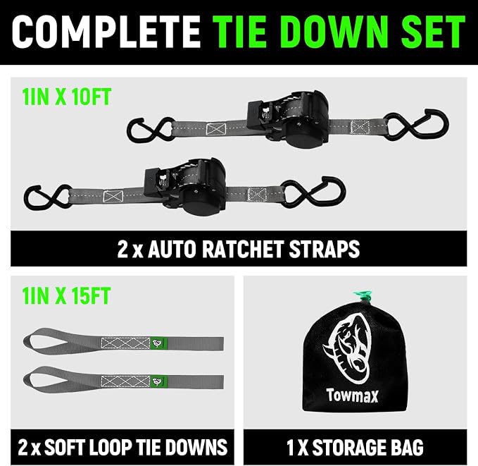 Retractable Ratchet Straps (Patented-2pack) - 1 inch x 10Feet (1,800lb Break Strength) Auto Self Retracting Tie Down Straps - Self Retractable Straps with Refletcive for Motorcyle, Truck or Cargo