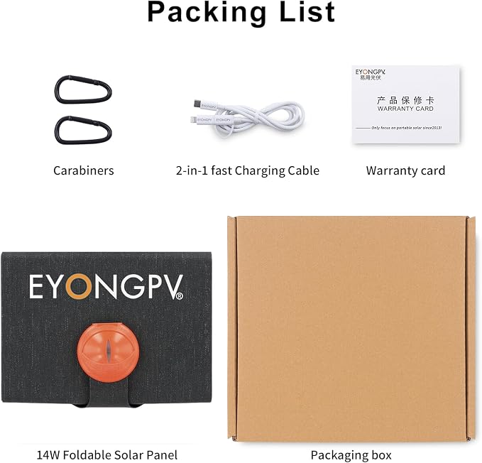 EYONGPV 14W Portable Foldable Solar Panel & Solar Charger with Croc-Eye USB-C Output, IP67 Waterproof Compact Solar Charger for Phones, Power Banks, Camping, Hiking, Backpacking