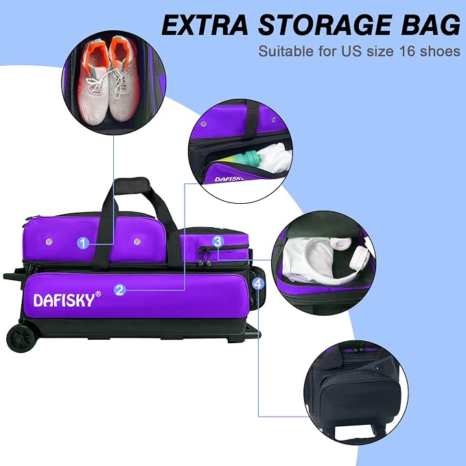DAFISKY 3 Ball Bowling Bags with Wheels, Roller Bowling Bag with Multiple Pockets Retractable Handle Extends to 38‘’