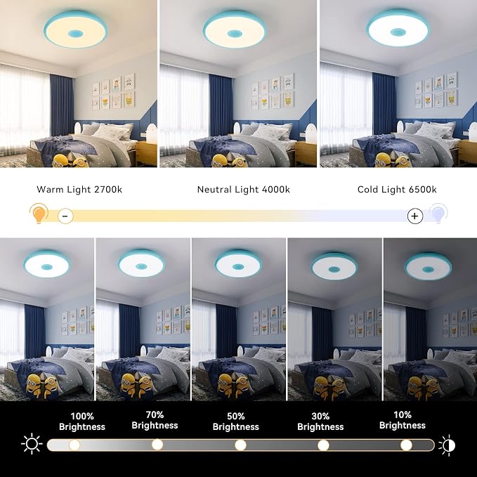 Sky Blue Waterproof LED Ceiling Light Fixture,Music Ceiling Lamp,with Bluetooth Speaker,11Inch 18W, 2700K-6500K Dimmable RGB Color Changing Light with Remote Control,Suitable for Boys' Room