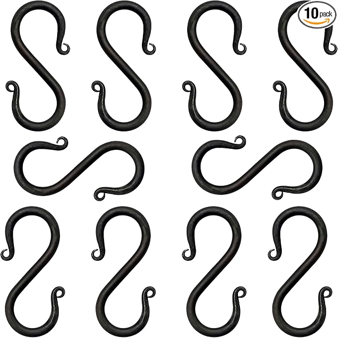 Lord of Battles Hand Forged Iron S-Hooks Set of 10 - Black S-Shaped Heavy Duty Hanging Hooks for Kitchen Utensils, Pots & Pans, Camping, Garden & Rustic Decor