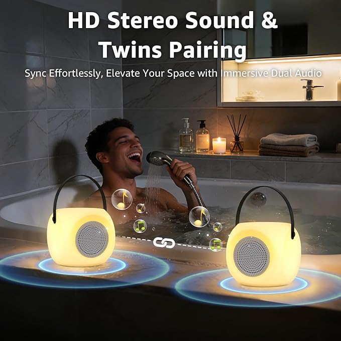 FUYO Shower Lamp with Speaker 16 Colors with Remote, Shower Lights Waterproof, Bluetooth Speakers with Lights Dual Pairing HD Stereo Sound for Indoor Outdoor Bathroom Party Pool Patio (2PCS-Fatty)