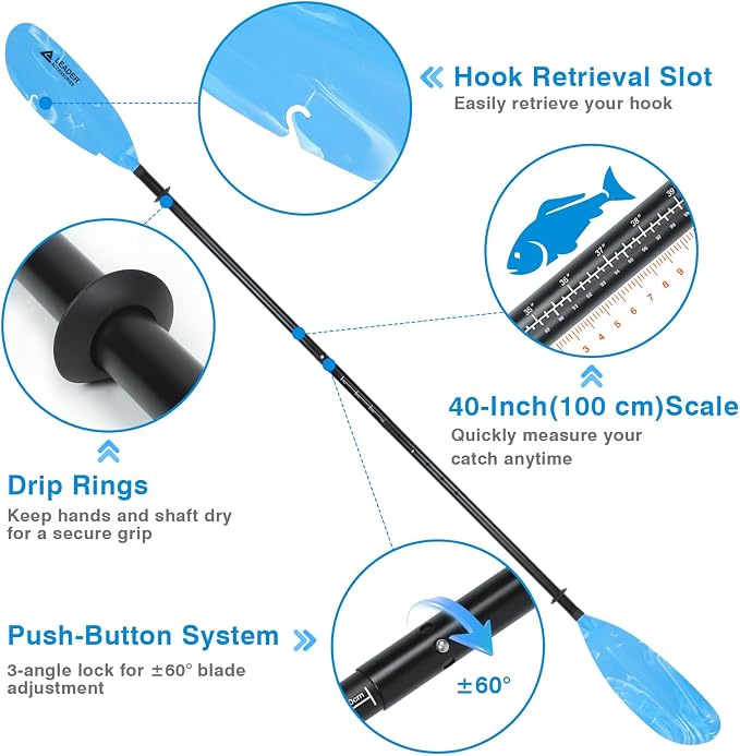 Leader Accessories Adjustable Kayak Paddle Boat Oar: Kayak Canoe Paddles 90-98 inch/230-250cm - Aluminum Floating Kayaking Fishing Oars with Paddle Leash for Adults Youth