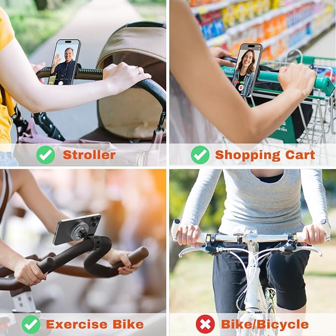 A2C Phone Holder for Peloton Bike, Stroller Phone Holder with Strong Magnets, Adjustable Strap Phone Mount for Shopping Cart, Treadmill, Golf Push Cart, Exercise Bike, Compatible with iPhone & Android