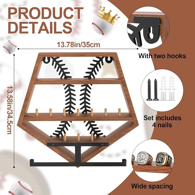 Baseball Ring Holder, Baseball Display Shelf, Soild Wood, Wall Mount Baseball Ring Holder for Balls, Trophy, Medals, and Memorabilia, Walnut Color