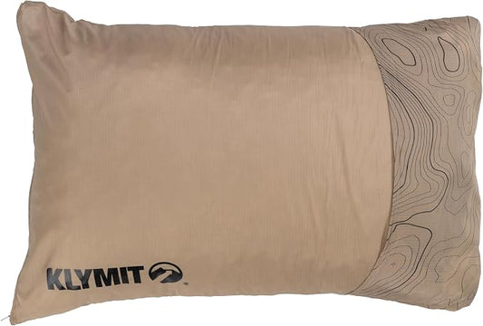 KLYMIT Drift Camping Pillow | Lightweight, Travel Head Rest for Sleep Filled with Shredded Memory Foam, Reversible Outer Cover for Extended Use, Regular Size — Tan