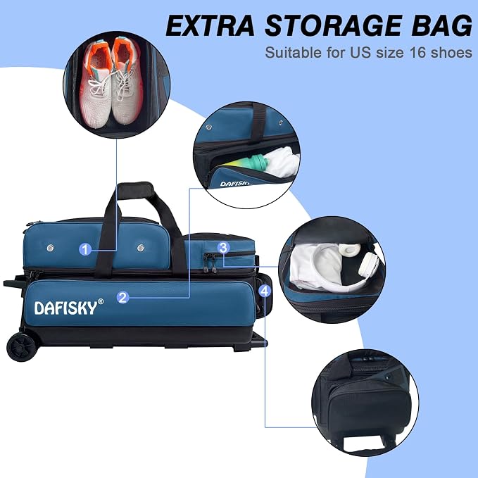 DAFISKY 3 Ball Bowling Bags with Wheels, Roller Bowling Bag with Multiple Pockets Retractable Handle Extends to 38‘’