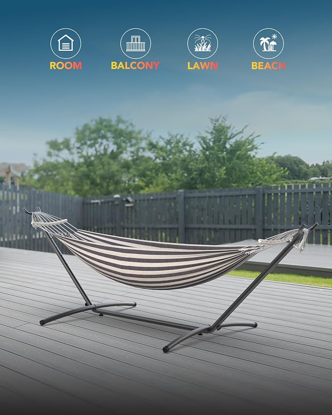 Everyfun Hammock with Heavy-Duty Steel Stand,Portable,Easy Assembly,600lbs Weight Capacity,Suit for Indoor,Yard,Camping,or Outdoor,Black White