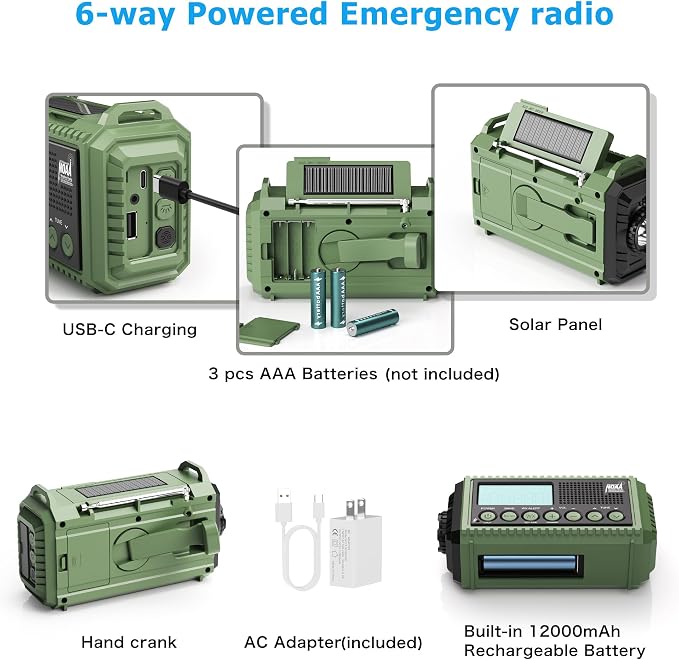 Eoxsmile NOAA Weather Radio 12000mAh - Emergency Radio Hand Crank Solar Battery Operated Portable AM/FM Shortwave Radio with USB-C Charger, Flashlight, SOS Alert for Home Outdoor Hurricane Survival