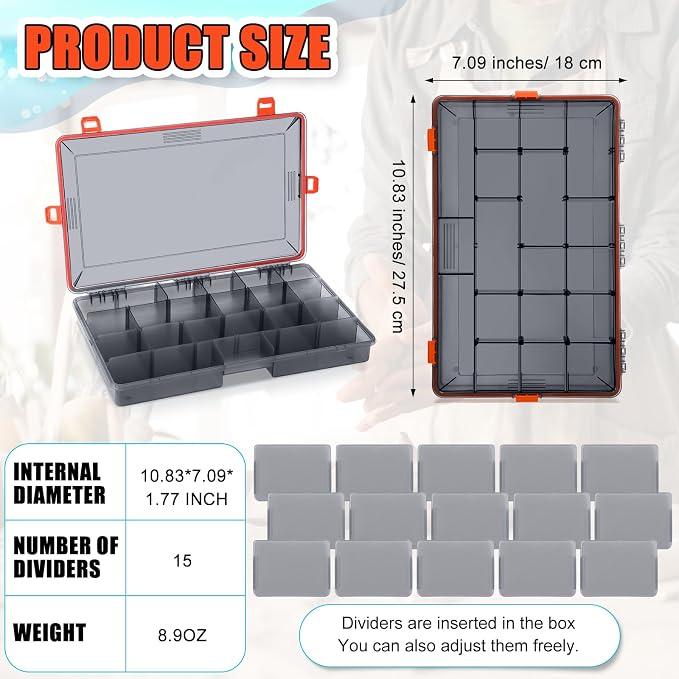 Wonderjune 12 Pack Fishing Tackle Boxes Waterproof 3600 and 3700 Tackle Trays with Removable Dividers Plastic Storage Organizer Bait Vault Camouflage Box for Freshwater Saltwater (Orange,3600)