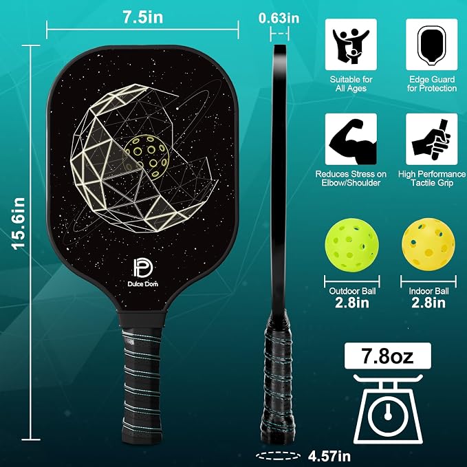 Dulce DOM Pickleball Paddles Set of 2/4 - USAPA Approved, 4 Indoor Outdoor Pickleball Balls, Fiberglass Surface Paddle Racket with Cover Bag, Ideal Training Equipment Gift for Men & Women