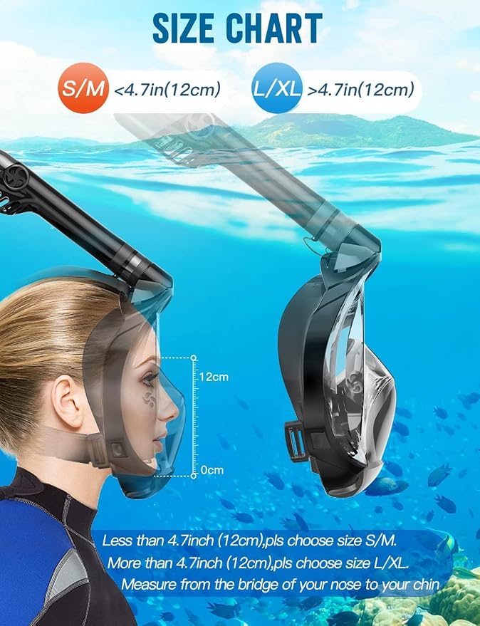 Full Face Snorkel Mask for Adults, 180° Panoramic Anti-Fog Snorkeling Gear with Dry Top System & Camera Mount, Foldable Anti-Leak Design for Travel, Swimming & Ocean Snorkeling
